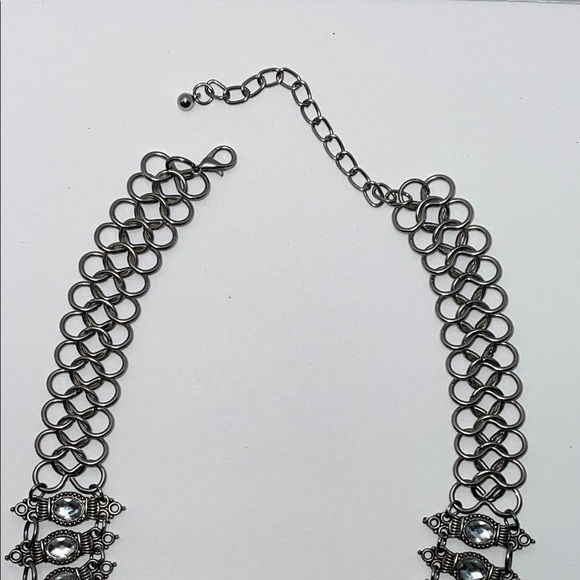 Silver Tone Statement Necklace with rhinestones and dangling beads - Picture 5 of 11